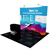 10ft curved pop up fabric display podium kit with blue design, white text, rocket graphic, and Mars Media Group logo