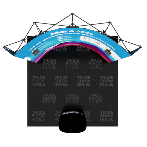 Blue and purple curved 10ft pop up fabric display podium kit with Mars Media branding