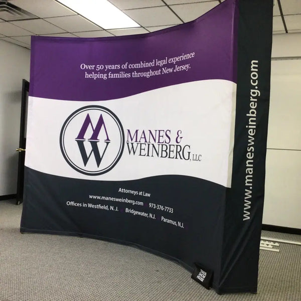 Our 10ft Curved Pop Up Fabric Display Table Kit includes a 6ft or 8ft fitted style cover to match your and black nylon