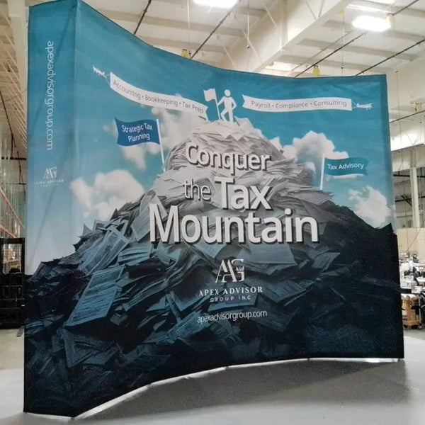 Our 10ft Curved Pop Up Fabric Display Table Kit includes a 6ft or 8ft fitted style cover to match your and black nylon
