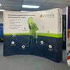 Our 10ft Curved Pop Up Fabric Display Table Kit includes a 6ft or 8ft fitted style cover to match your and black nylon