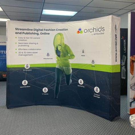 Our 10ft Curved Pop Up Fabric Display Table Kit includes a 6ft or 8ft fitted style cover to match your and black nylon