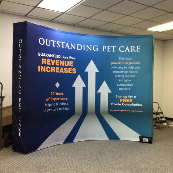 Our 10ft Curved Pop Up Fabric Display Table Kit includes a 6ft or 8ft fitted style cover to match your and black nylon