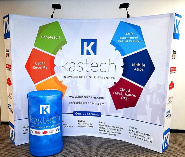 Our 10ft Curved Pop Up Fabric Display Table Kit includes a 6ft or 8ft fitted style cover to match your and black nylon