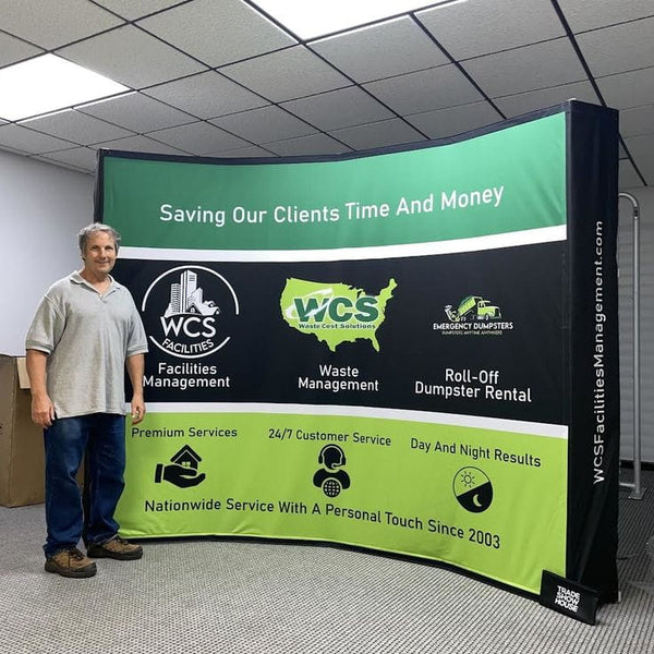 Our 10ft Curved Pop Up Fabric Display Podium Kit includes a hard shipping case with wheels that can be used as podium