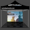 10ft black pop-up canopy tent with white frame and branded signage