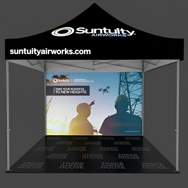 10ft black pop-up canopy tent with white frame and branded signage