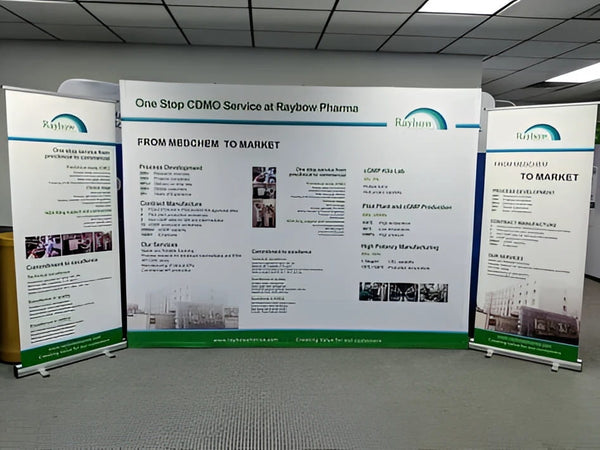Raybow Pharma CDMO services on 10ft straight pop-up fabric display