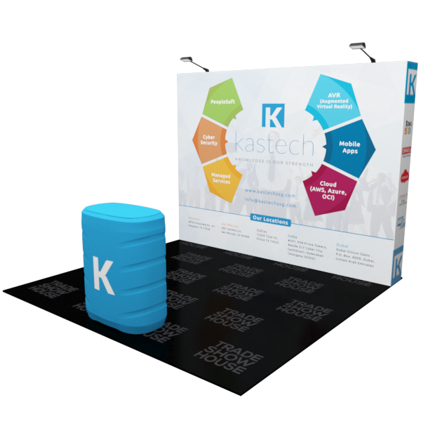 Blue Kastech promotional barrel on 10ft straight pop up display podium kit