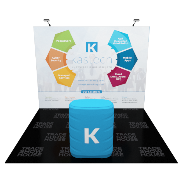 Blue cylindrical podium with white k logo for 10ft straight pop up display kit
