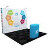 Blue cylindrical barrel with white K logo in 10ft pop up display podium kit