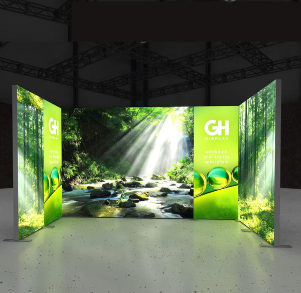Our 10x10 Frameless SEG Lightbox Display Kit 02 combines one 10ft and two 3ft Displays for a more private inline booth