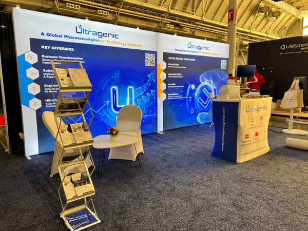 20ft Frameless SEG Lightbox Display with blue and white booth