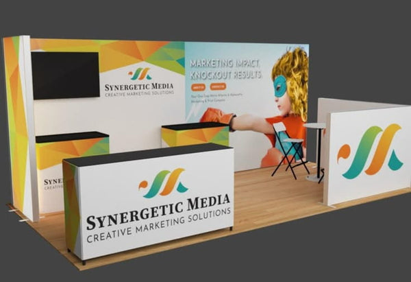 20ft Frameless SEG Lightbox with white table and Synergetic Media logo