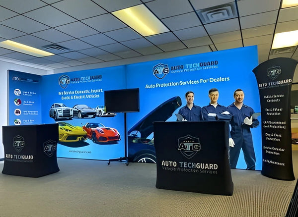 Blue Branded Auto TechGuard Protection Services Banner in 20ft Frameless SEG Lightbox