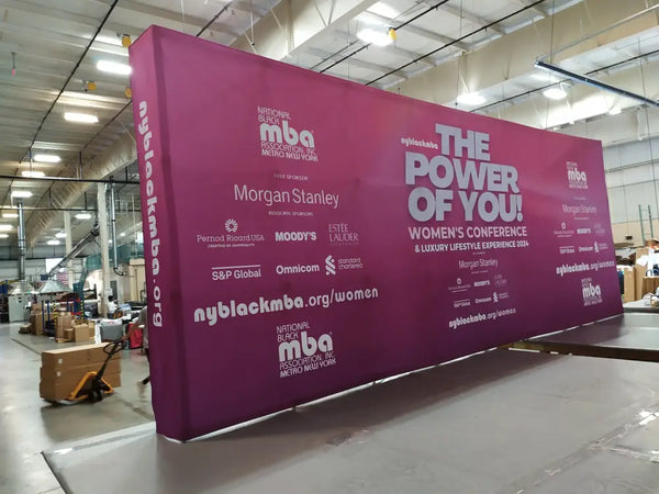 Our 20ft Straight Pop Up Fabric Display Table Kit includes a 6ft or 8ft fitted style cover to match your and black