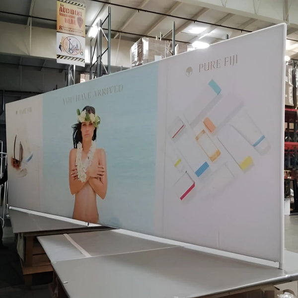 White Pure Fiji promo banner on 20ft straight tension fabric display