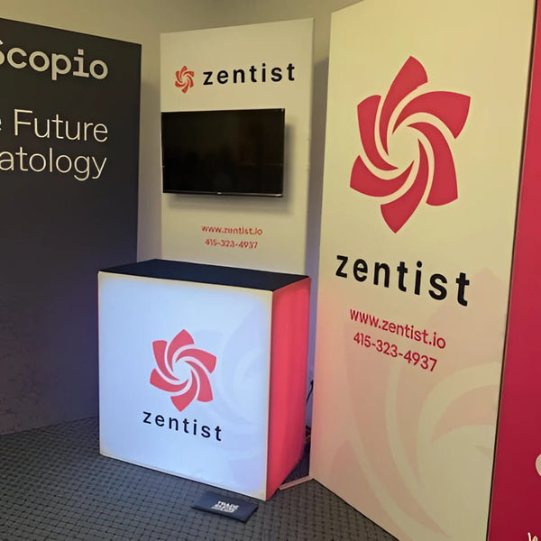 3.5ft Backlit SEG Light Box Counter with white red illuminated swirling logo stand