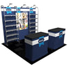 Blue and white fantastic trade show booth with 3ft metal shelving