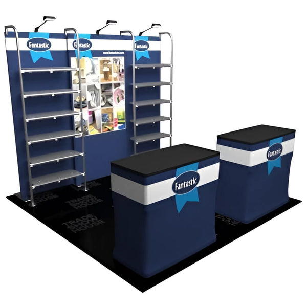 Blue and white fantastic trade show booth with 3ft metal shelving