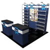 Blue and white trade show booth with metal shelving and fabric counters
