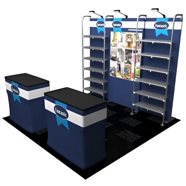Blue and white trade show booth with metal shelving and fabric counters