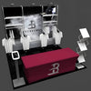 Sleek 3ft Breakaway merch shelving display stand with red tablecloth and white b logo