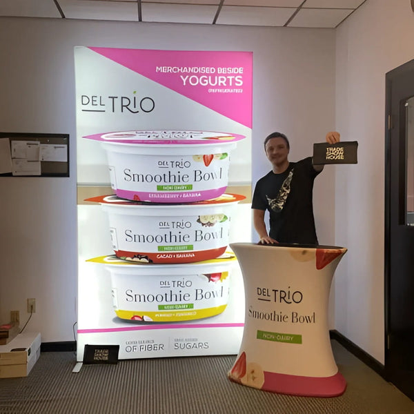 Del Trio smoothie bowl container in 4.5ft Frameless SEG Lightbox Display