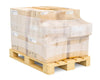 Stacked 48x48 wood pallets with shrink-wrapped cardboard boxes