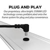 Sleek black angled Osram LED light fixture in 6.5ft frameless SEG lightbox half wall display
