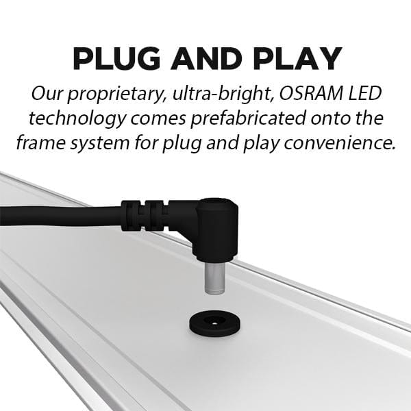 Sleek black angled Osram LED light fixture in 6.5ft frameless SEG lightbox half wall display