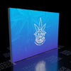 Sleek 6.5ft frameless SEG lightbox half wall display with Cauna cannabis leaf logo