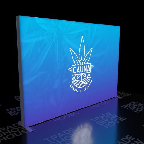 Sleek 6.5ft frameless SEG lightbox half wall display with Cauna cannabis leaf logo