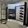 Our 8ft Curved Pop Up Fabric Display Table Kit includes a 6ft or fitted style cover to match your and black nylon carry