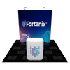 White cylindrical podium with purple blue striped logo on 8ft curved pop up display kit