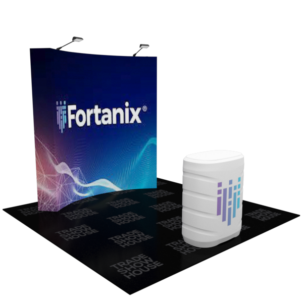 8ft Curved Pop Up Fabric Display Podium Kit with white cylindrical stand and purple blue logo