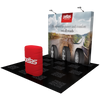 Red cylindrical Pettas branded display stand in 8ft Straight Pop Up Fabric Display Podium Kit