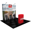 Red cylindrical Petlas display stand on 8ft straight pop up fabric podium kit