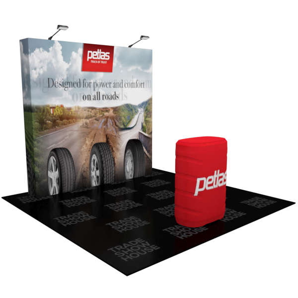 Red cylindrical Petlas display stand on 8ft straight pop up fabric podium kit