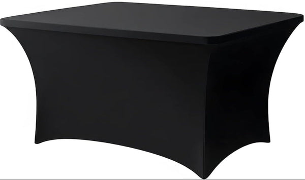 4ft, 4-sided (closed backside) solid black, stretch style table cover. Pair this with our middle fabric runners