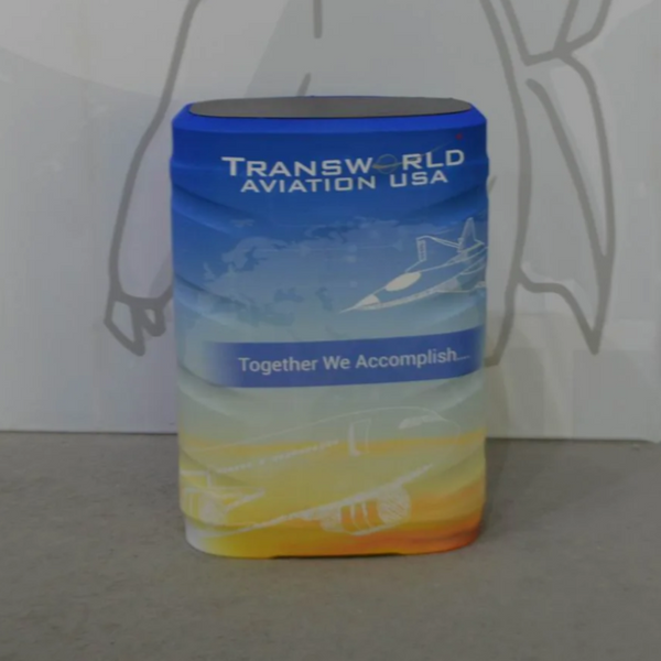 Blue-yellow Transworld Aviation USA stand in C900 wheeled case