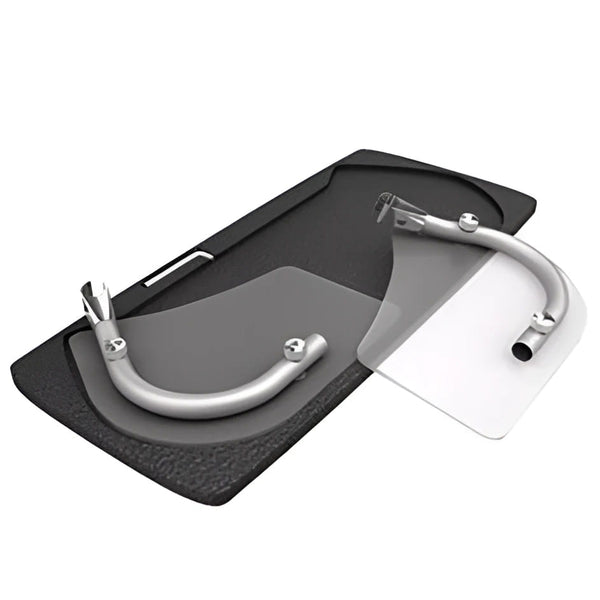 Silver metallic exhaust pipe components with clear acrylic covers on black mat