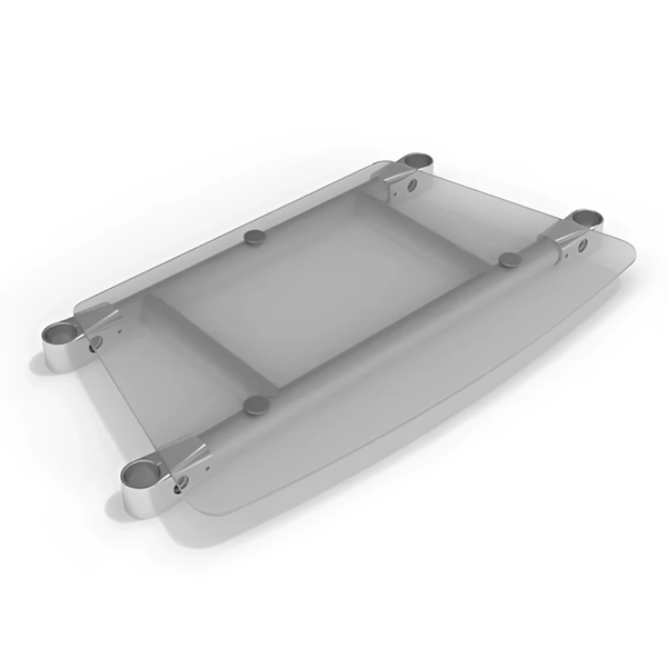 Curved acrylic shelf with transparent glass tray and silver corners