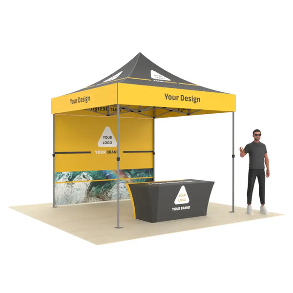 Our 10ft Custom Printed Pop Up Tent with Backwall features a lightweight, stable rust-resistant aluminum frame