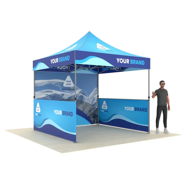 Our 10ft Custom Printed Pop Up Tent with Backwall and Sidewalls features a lightweight, stable rust-resistant aluminum