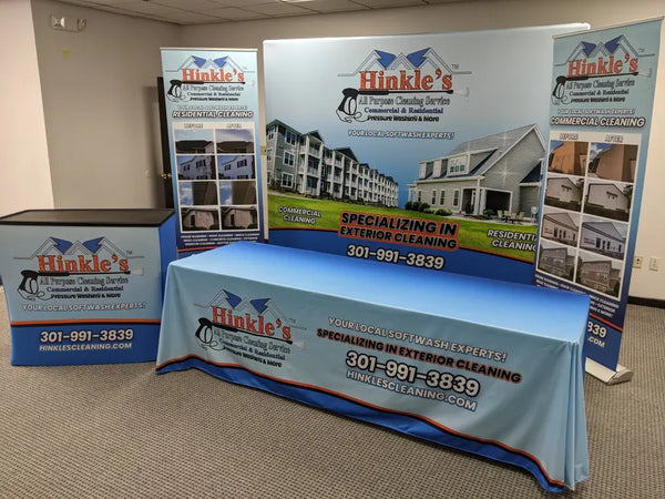Our premium dye-sublimated, custom printed drape table covers are the perfect complementary tabletop display accessory