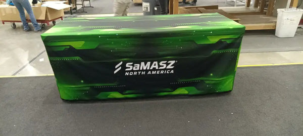 Our premium dye-sublimated, custom printed fitted table covers are designed to be more form fitting than drape style,