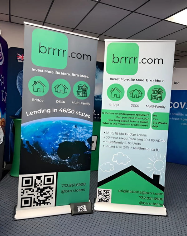 Two deluxe 33-inch retractable banner stands for brrr.com with globe and loan info
