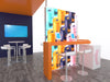 EcoSmart Backlit Island: orange bar counter with white stools and infini logo containers
