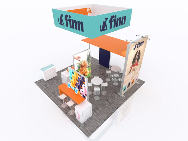 Modern teal and orange finn-branded ecoSmart Backlit Island booth